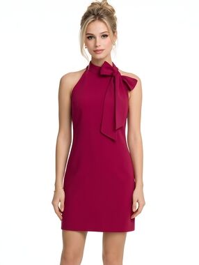 Vance Camuto Berry Halter Neck Bow Crepe Shift Cocktail Dress Size 2